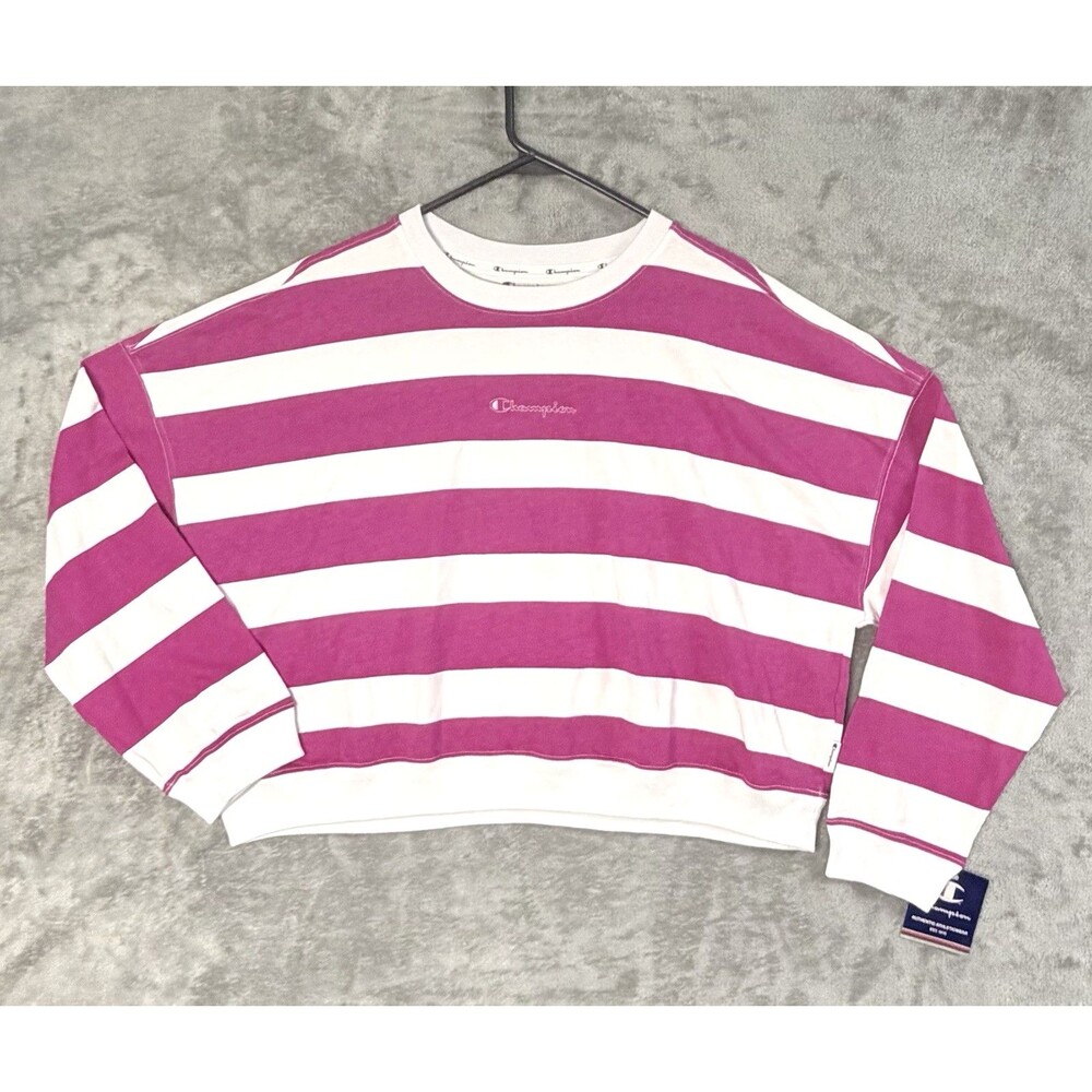 NWT Champion Cropped Sweatshirt Womens Large Dark Pink/White Striped Pullover